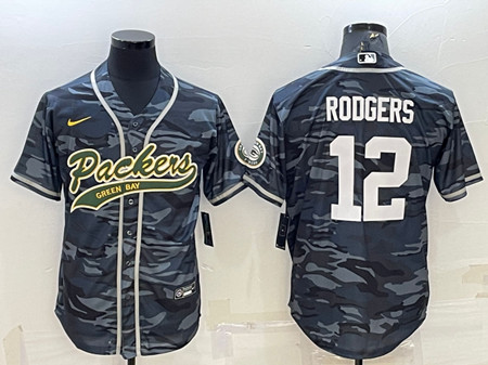 Men's Green Bay Packers #12 Aaron Rodgers Gray Camo With Patch Cool Base Stitched Baseball Jersey